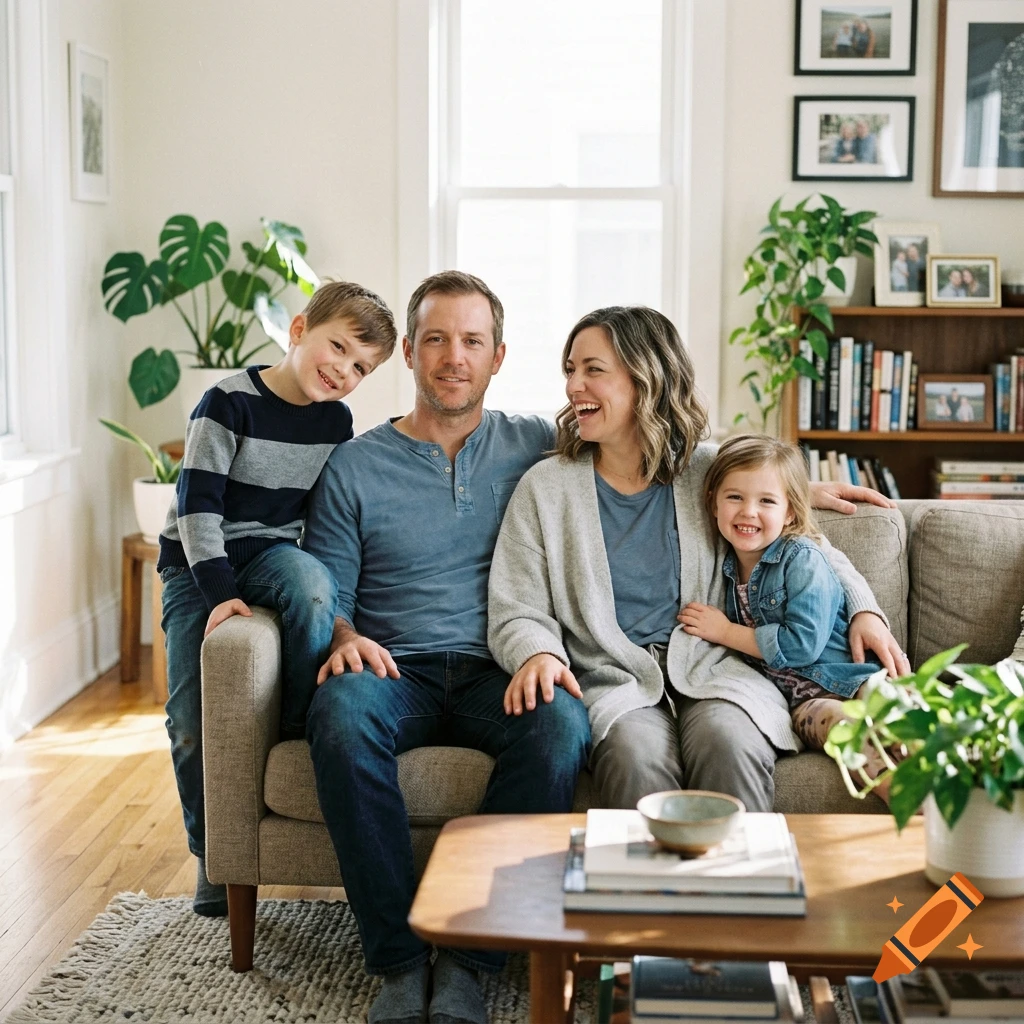 Photorealistic portrait of a family of four smiling together on a living room couch.