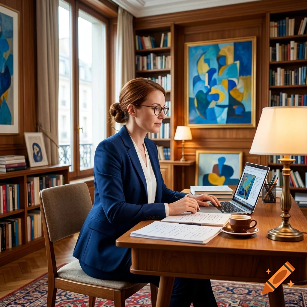 A professional woman wearing glasses and a blue suit works on a laptop at a wooden desk in a library study room with bookshelves and paintings.