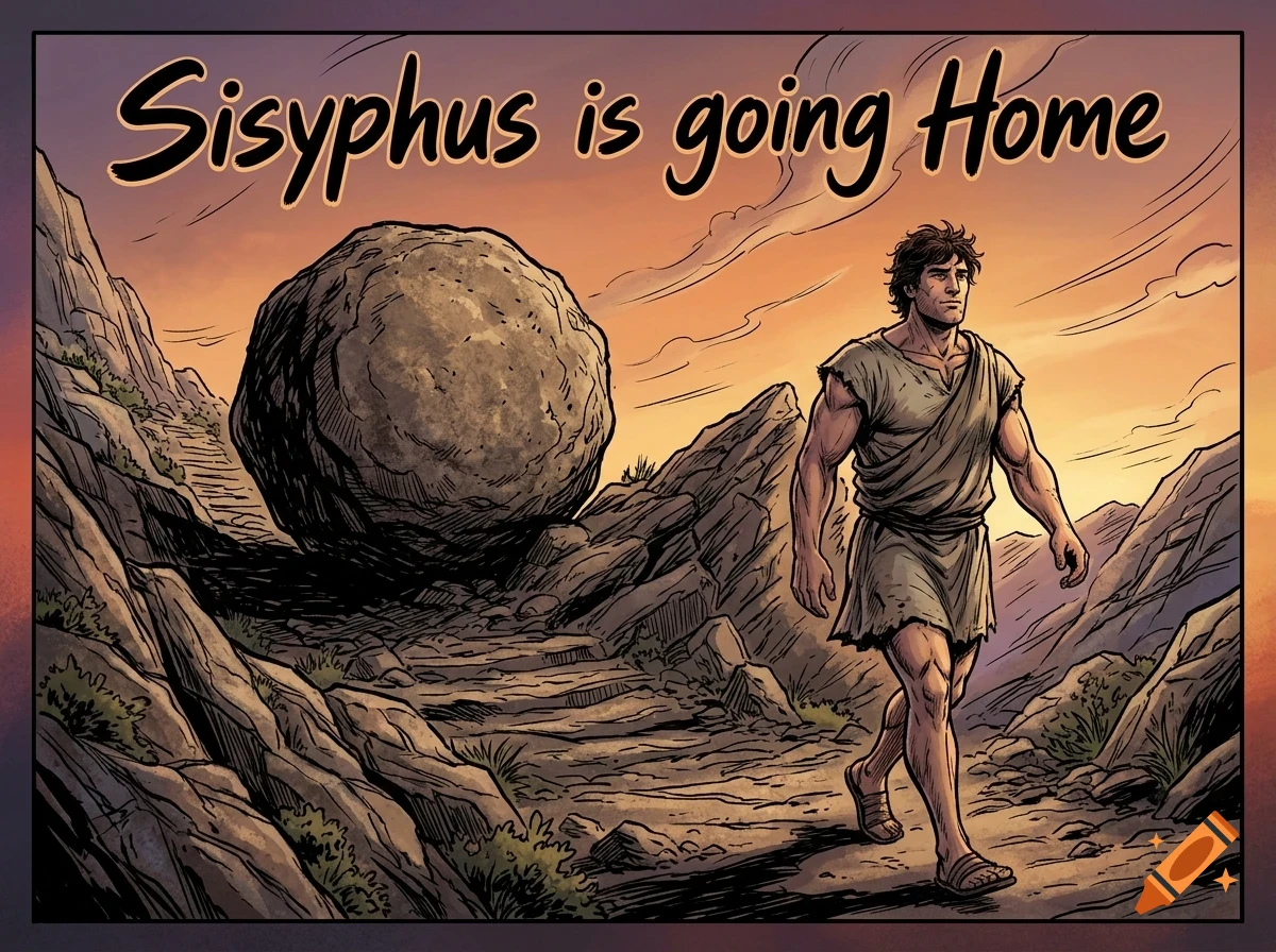 Comic illustration of a man walking away from a giant boulder on a mountain path under a sunset sky, with the text Sisyphus is going Home.