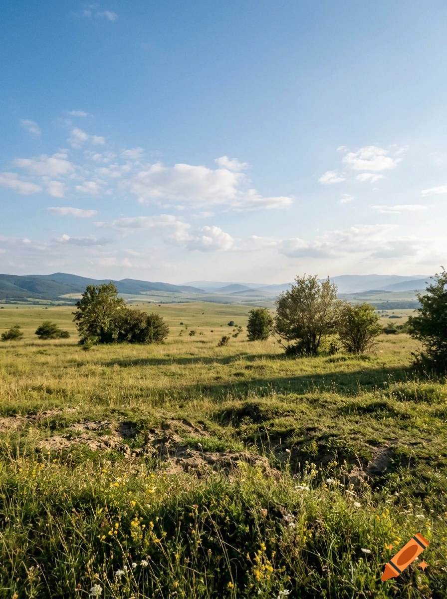 Photorealistic landscape of a grassy meadow with scattered trees under a blue sky with soft clouds and distant hills.