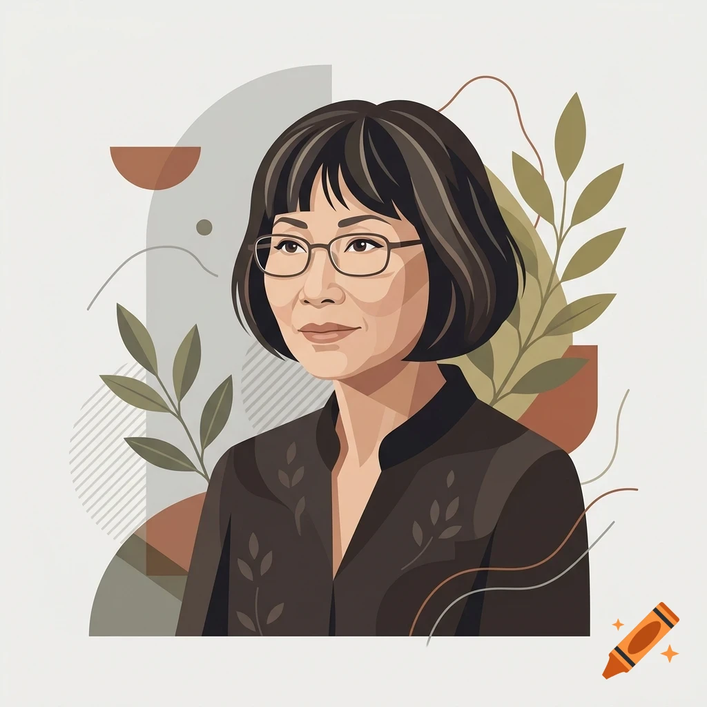 Digital illustration portrait of a woman with dark bobbed hair and glasses, set against an abstract botanical background with leaf motifs.