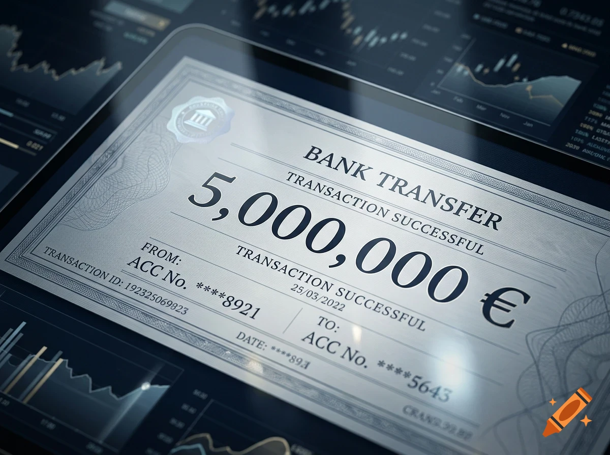 A digital screen displays a successful bank transfer confirmation of 5,000,000 euros against a background of financial charts.