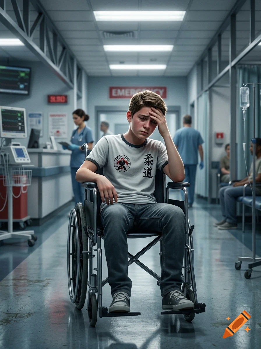 A young boy sits in a wheelchair in a hospital hallway, holding his head with a concerned expression.
