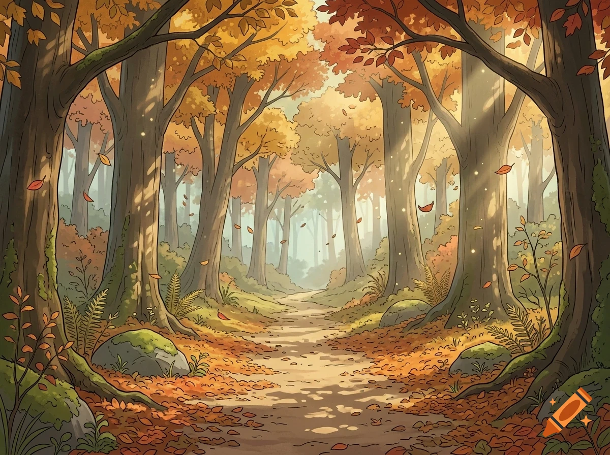 An illustrated path winds through a tranquil autumn forest with tall trees, fallen leaves, and warm sunlight filtering through the canopy.