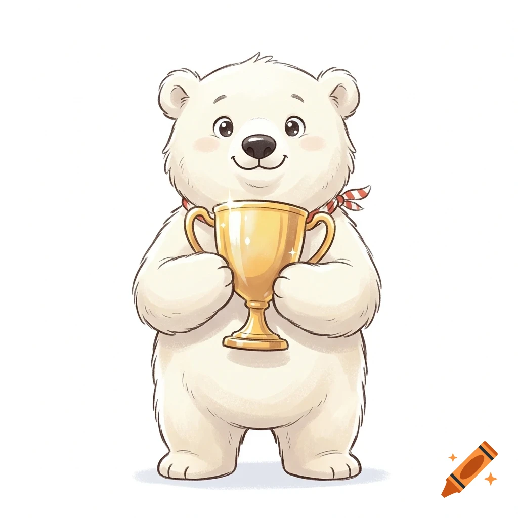 A cute cartoon polar bear happily holding a shiny golden trophy cup.