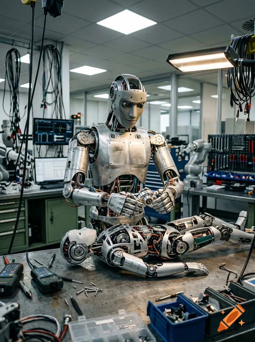 Photorealistic image of a humanoid robot assembling another robot in an industrial workshop setting.