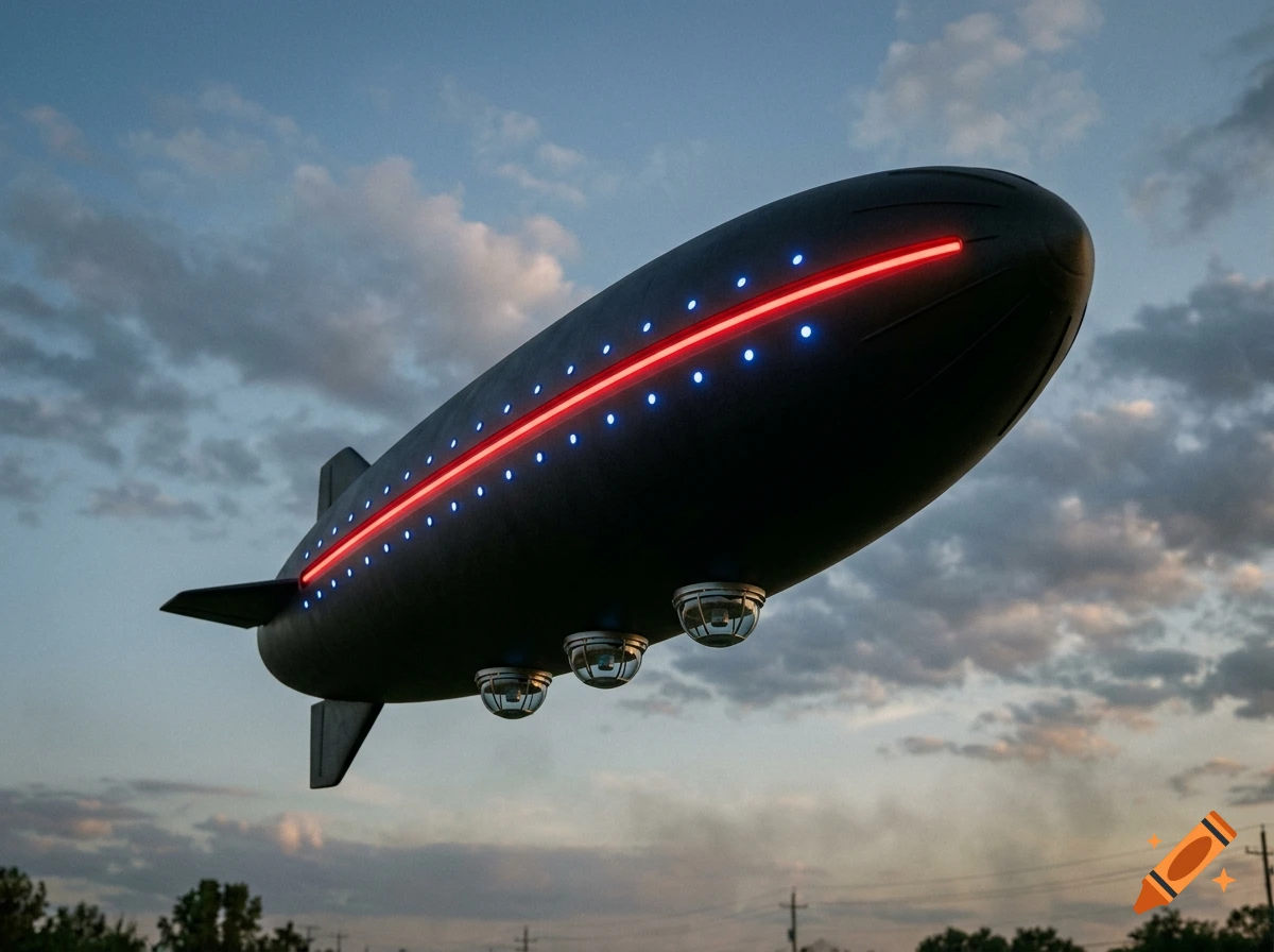 A photorealistic low-angle shot of a black zeppelin-like airship with a glowing red strip along the middle and blue lights, flying against a cloudy sky.
