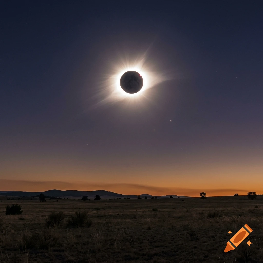 Photorealistic image of a solar eclipse in the night sky over a dark field with distant hills and a glowing horizon.