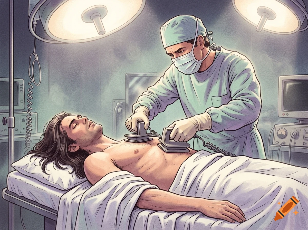 A surgeon in an operating room uses defibrillator paddles on a patient lying on a surgical table.