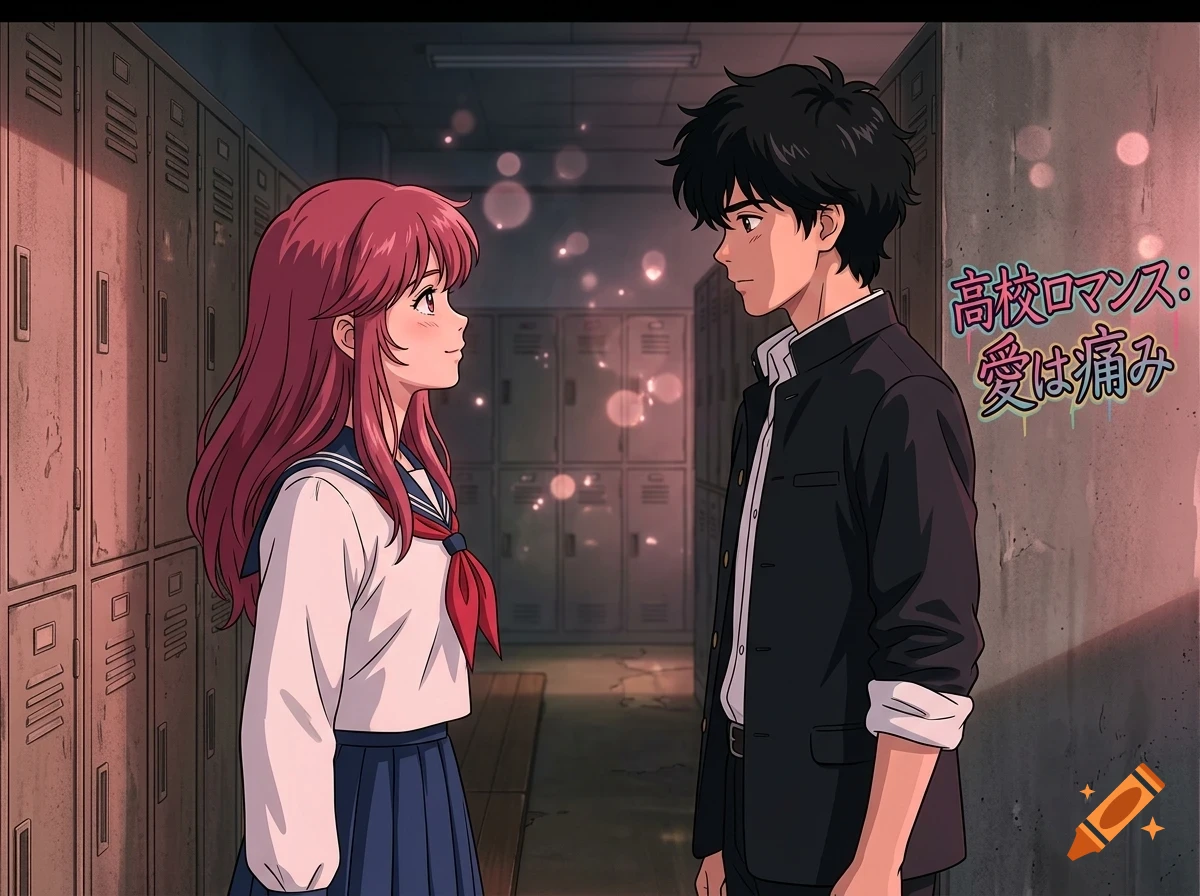 An anime-style illustration of a school boy and girl facing each other in a hallway lined with lockers.