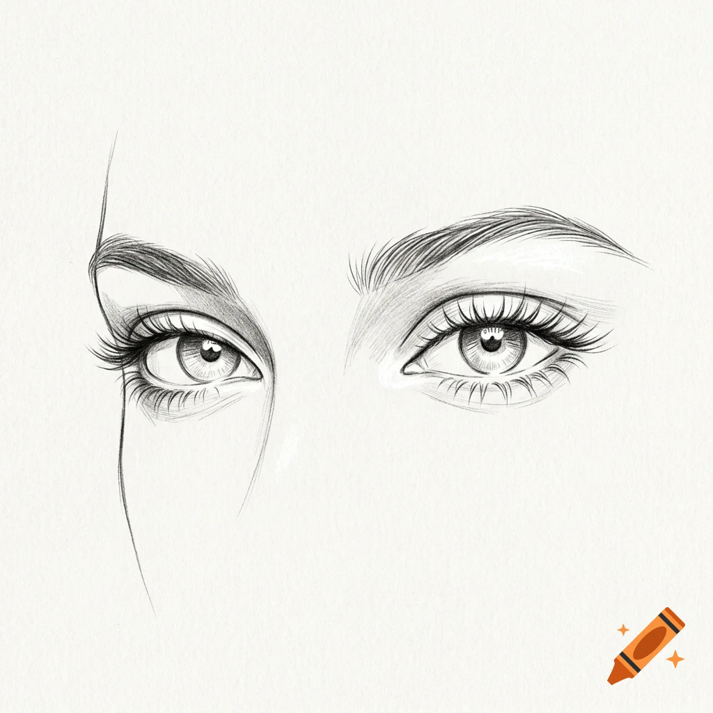 A detailed pencil sketch of a pair of expressive human eyes with detailed eyelashes and eyebrows.