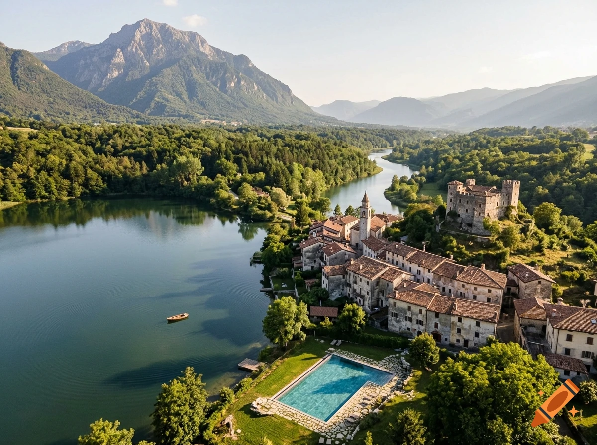 Aerial view of a scenic landscape featuring a large lake, winding river, forested hills, mountains, a small village, a castle, and a swimming pool.
