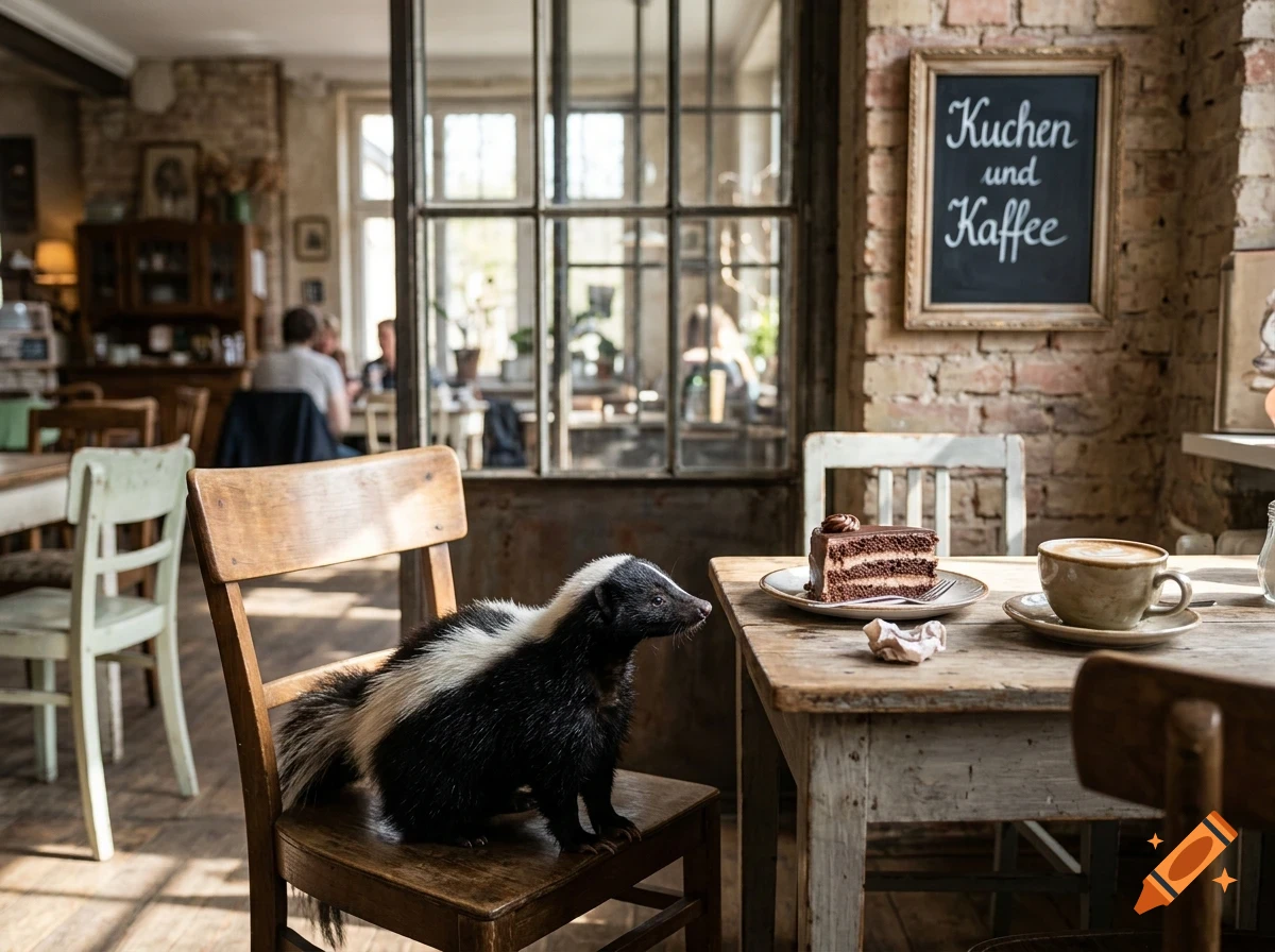 A skunk sitting on a wooden chair inside a cozy cafe next to a table with a slice of cake and a cup of coffee.