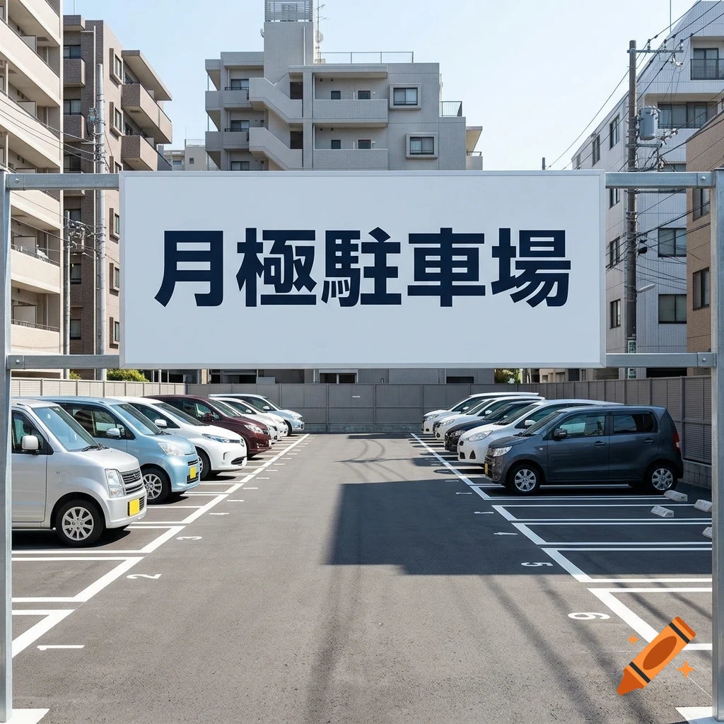 An outdoor parking lot filled with parked cars, with a prominent sign above reading Japanese text in bold characters.