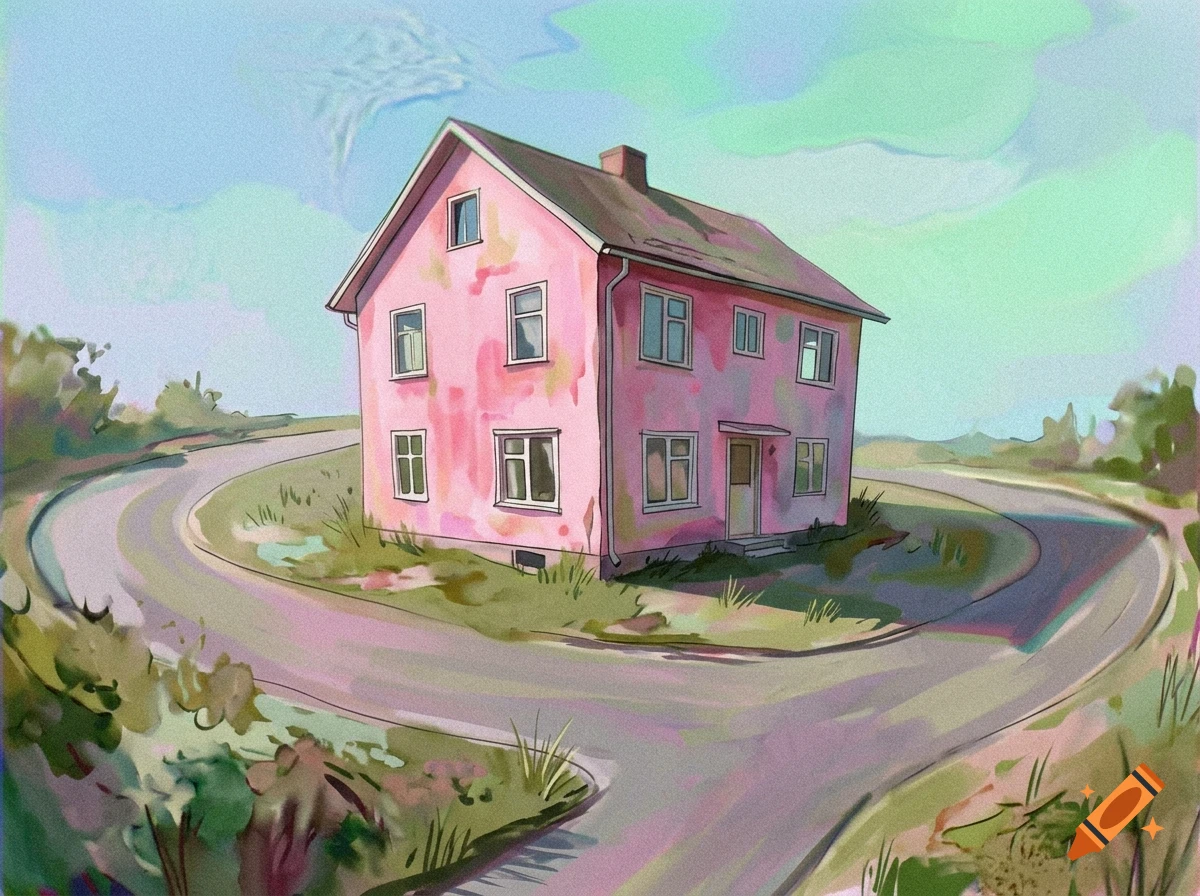 An illustration of a pink two-story house situated at a road intersection under a pastel sky.