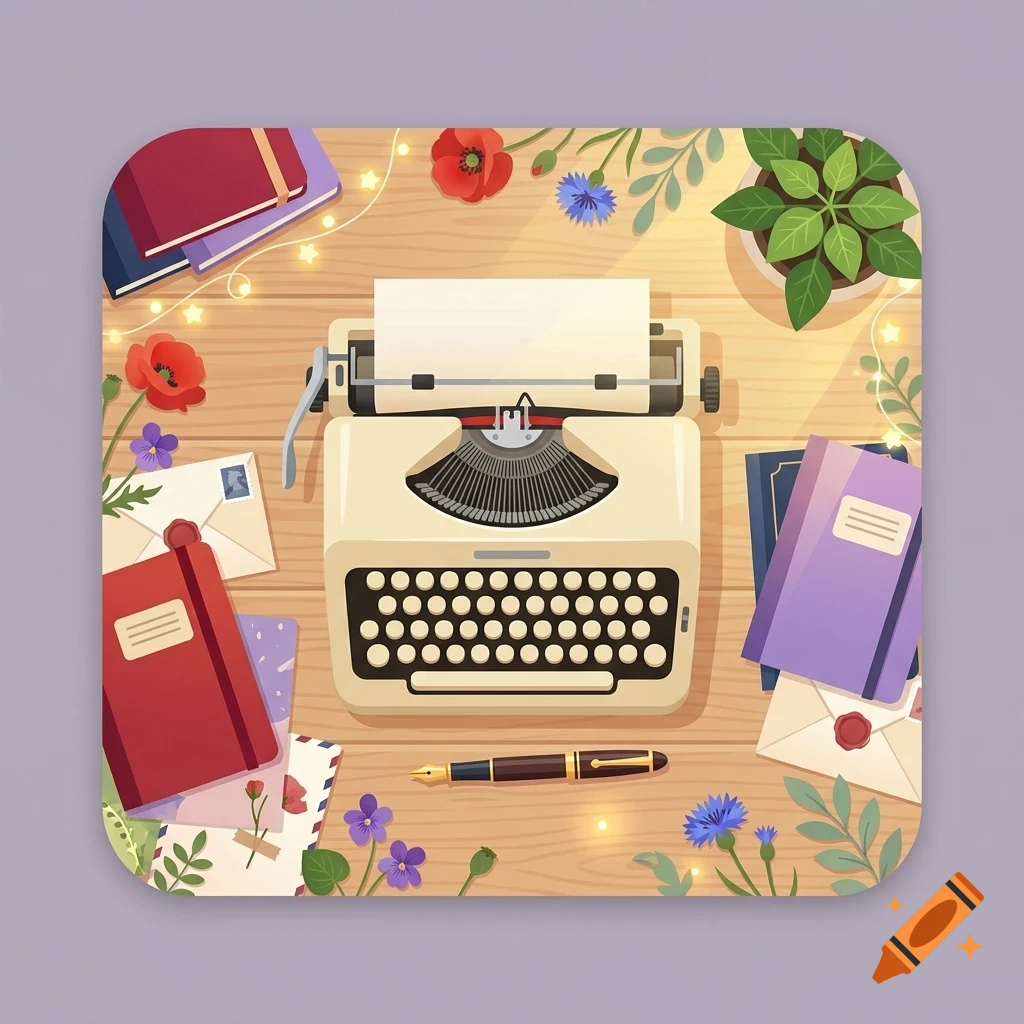 An overhead view of a wooden desk featuring a vintage cream-colored typewriter in the center, surrounded by notebooks, envelopes, a fountain pen, flowers, and a potted plant.