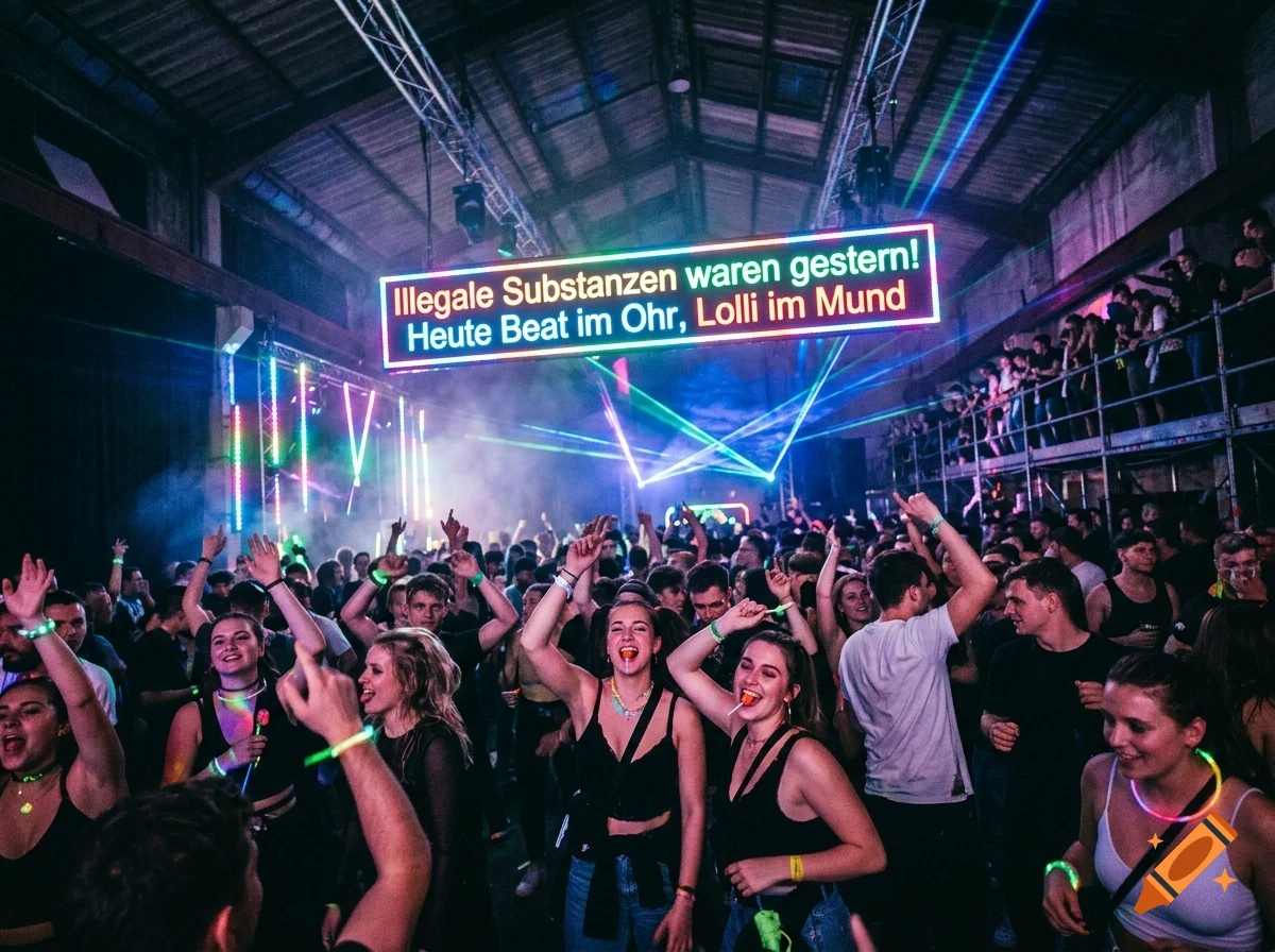 A lively indoor electronic music event in a large industrial warehouse with dancing crowds, laser lights, and an illuminated sign overhead.