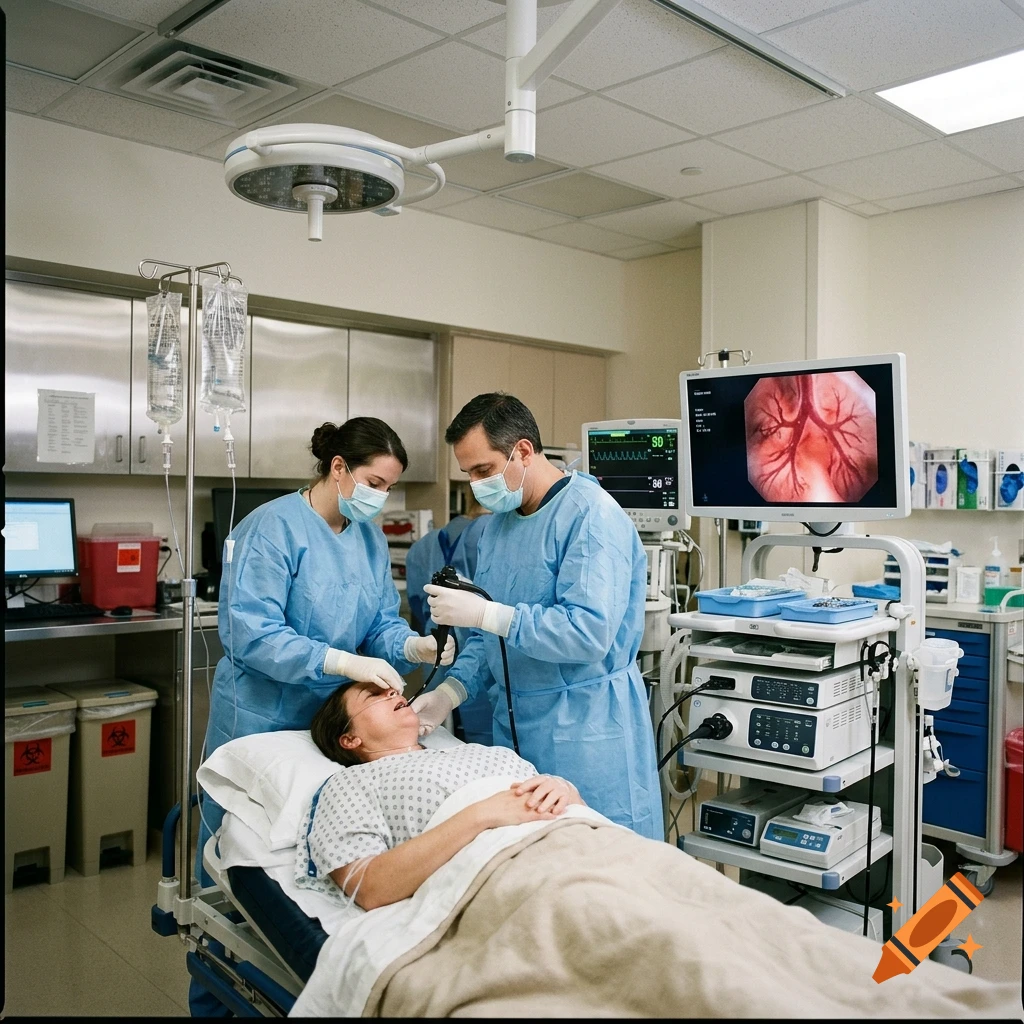 Photorealistic medical scene of doctors performing a bronchoscopy procedure in a hospital room.