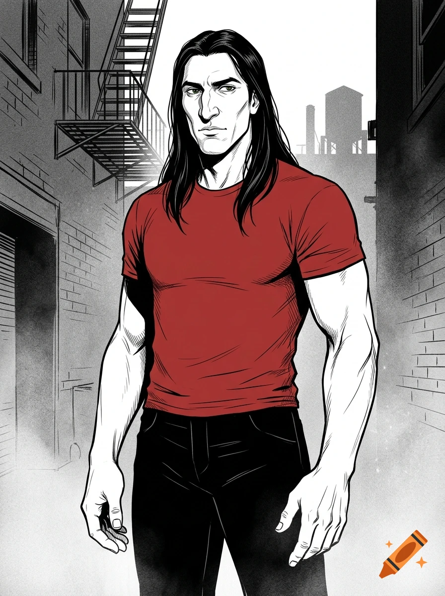Black and white comic book style illustration of a tall man with long black hair, wearing a red t-shirt and black pants in an alley.
