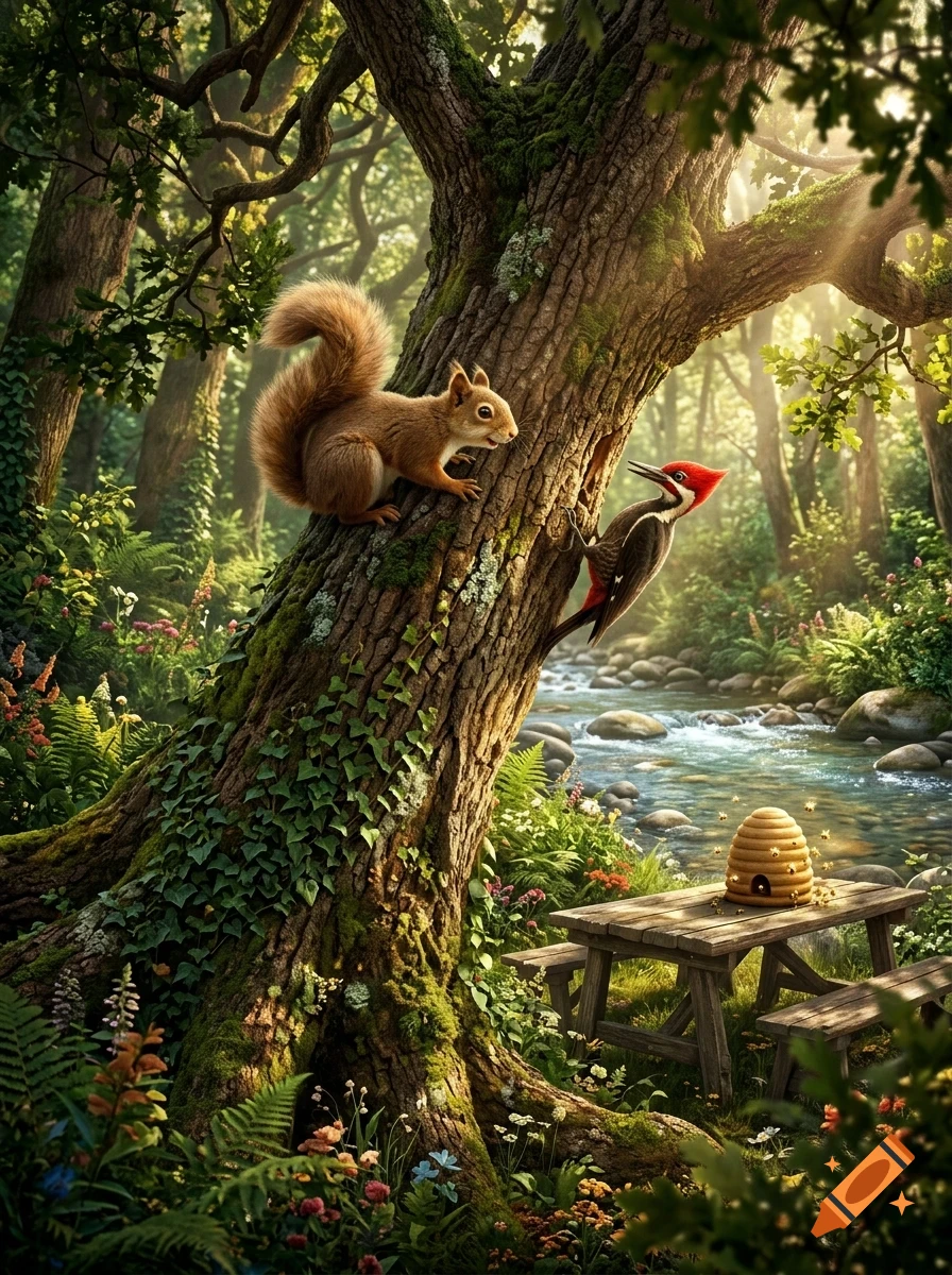 A squirrel and a woodpecker on a mossy tree trunk in a sunlit forest next to a stream and picnic table.