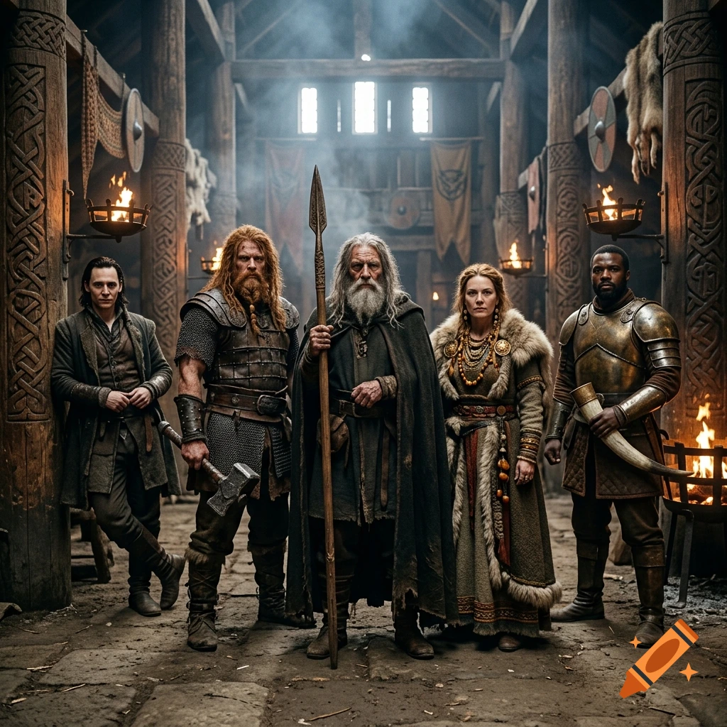 Photorealistic image of five diverse Nordic gods standing together in a traditional wooden great hall.