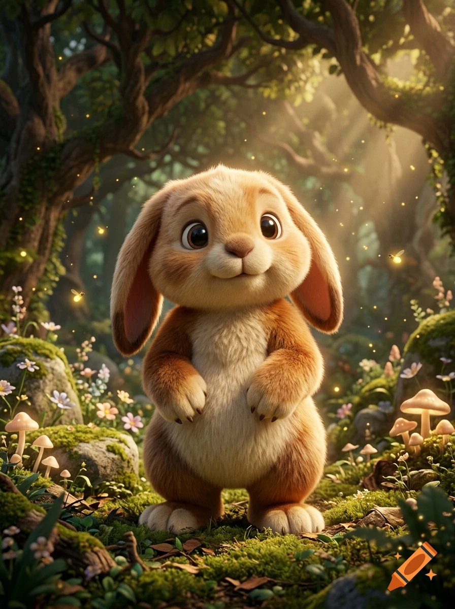 Cute furry fantasy bunny-bear creature standing in a magical forest with glowing fireflies and mushrooms in Pixar 3D style.