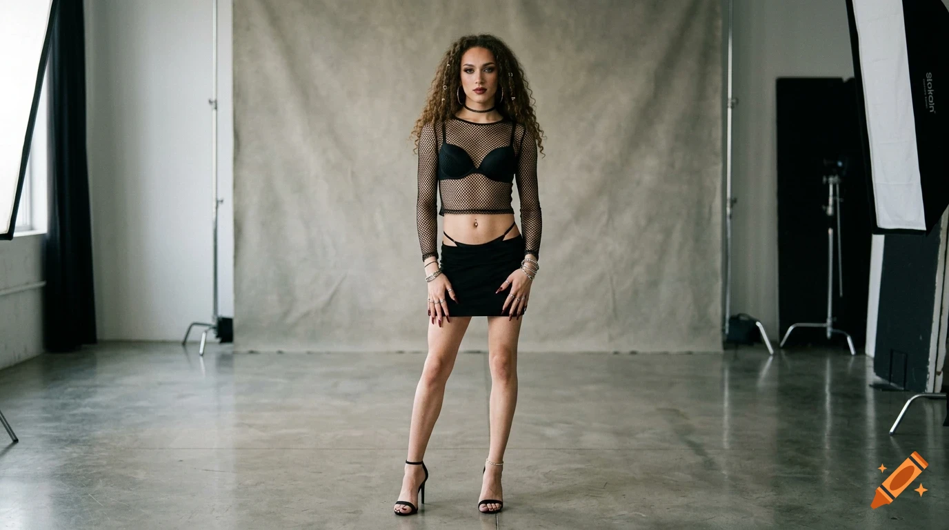 A full-length portrait of a woman standing in a photography studio, wearing a black mesh top, black skirt, and heels.