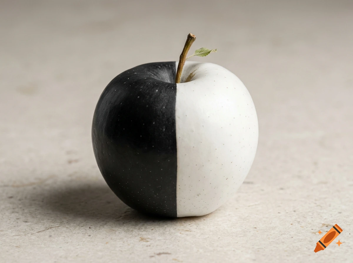 A photorealistic apple split vertically into a black side and a white side, resting on a textured light surface.
