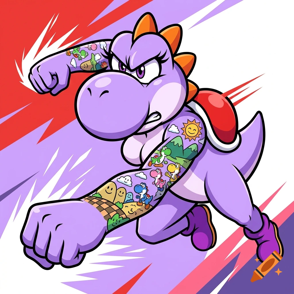 A 2D vector illustration of a purple female Yoshi with elaborate sleeve tattoos, punching forward in a dynamic pose.