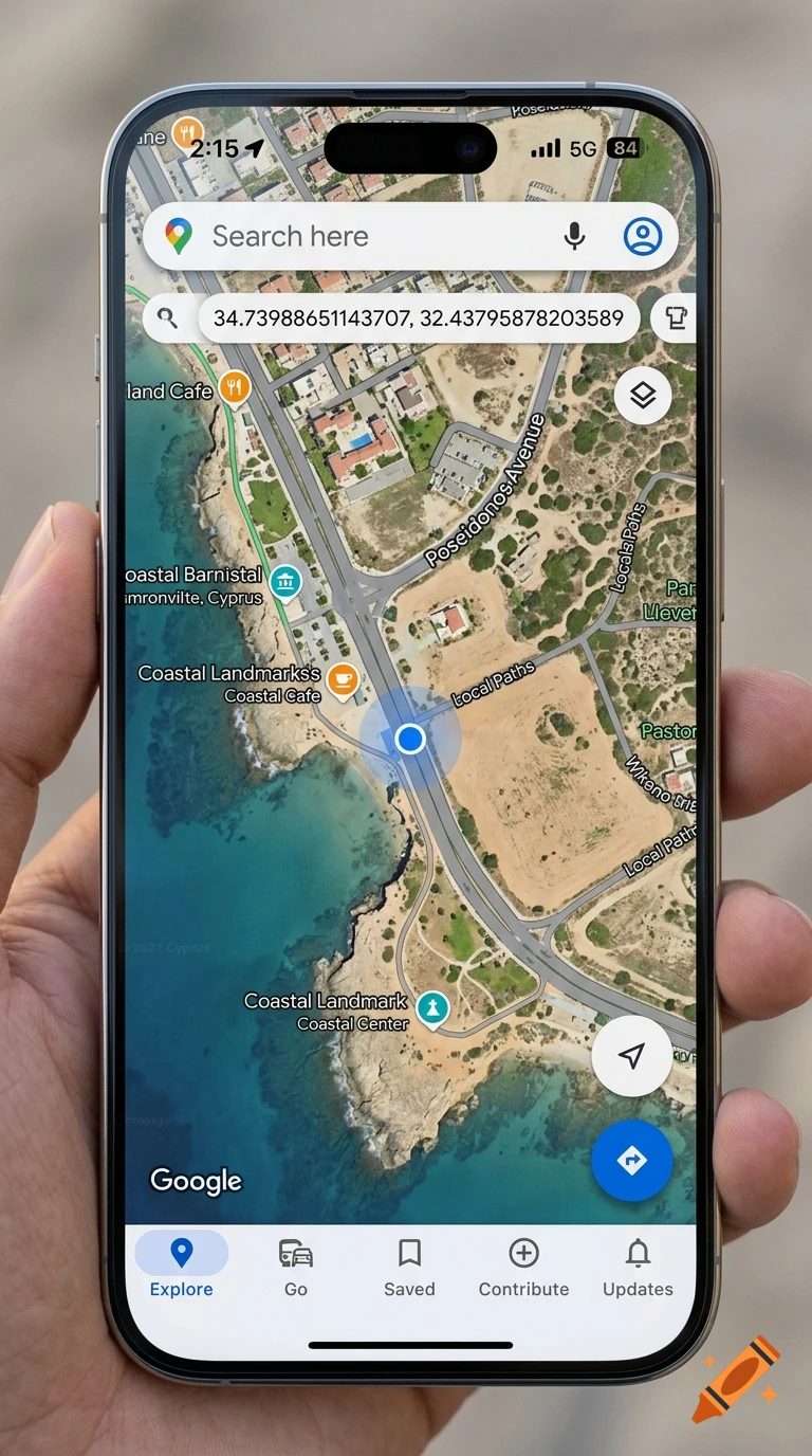Close-up of a hand holding a smartphone displaying a detailed Google Maps view of a coastal area.
