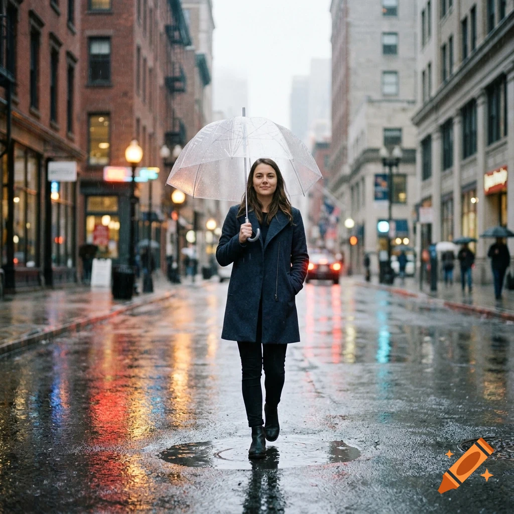 A woman holding a clear umbrella walks down a wet city street lined with buildings and storefronts.