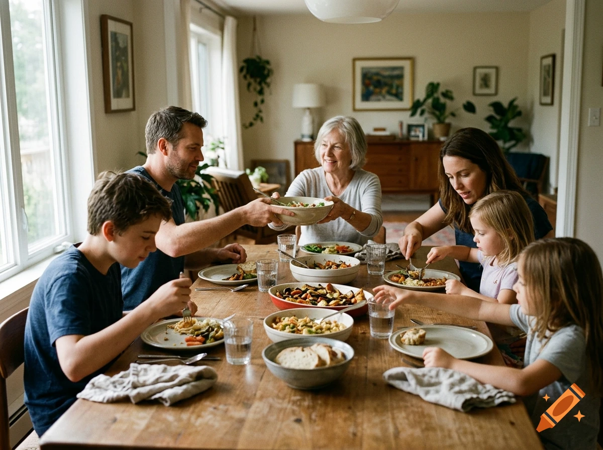 Photorealistic image of a family gathered around a wooden dining table sharing a meal together in a brightly lit home.