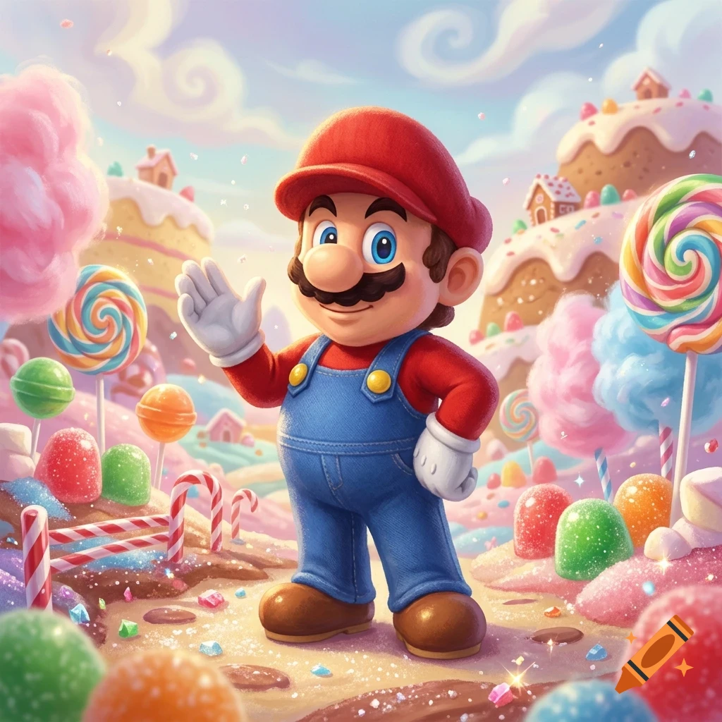 Mario smiling and waving in a vibrant fantasy candy land filled with giant lollipops, gumdrops, and cotton candy hills under a cloudy sky.
