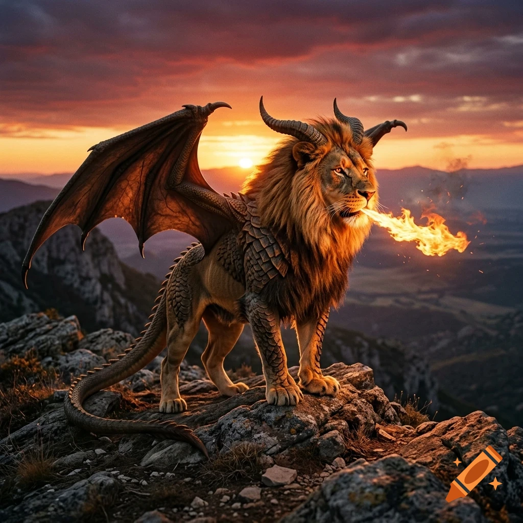 A mystical creature with the body of a lion, large horns, scaly wings, and a tail, breathing fire from atop a rocky mountain at sunset.