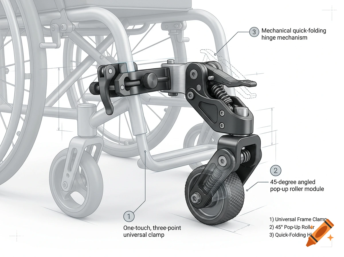 3D industrial product diagram of an obstacle-crossing wheelchair attachment with callout labels, CAD rendering style.