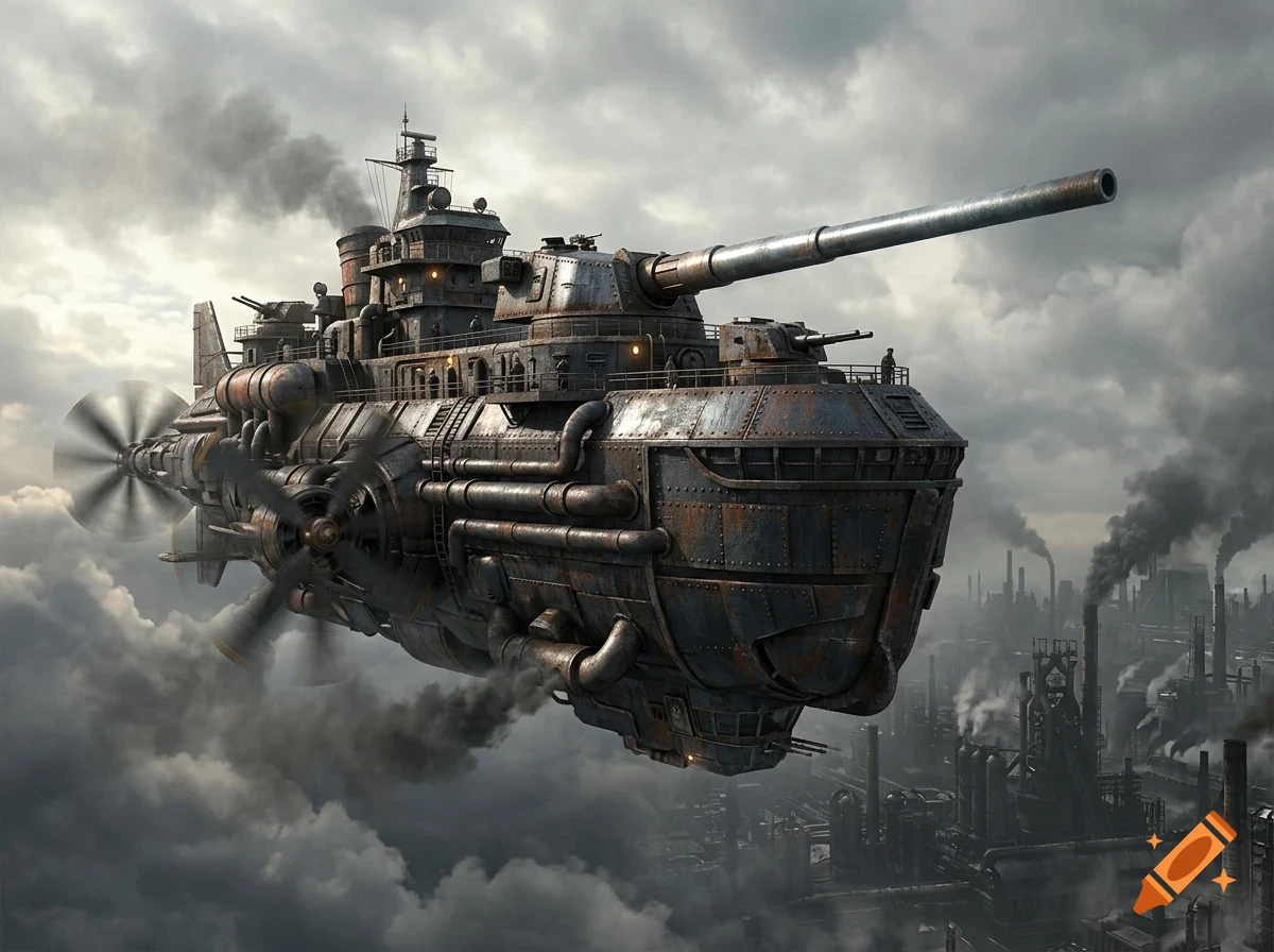 A massive, rusted, steampunk-style flying battleship with large propellers cruises through a cloudy sky above an industrial cityscape.