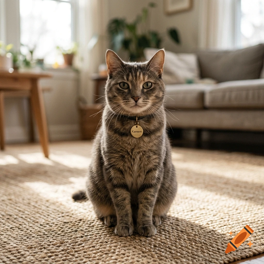 Photorealistic image of a tabby cat sitting on a woven rug in a living room, wearing a collar with a tag reading 'Kareem'.