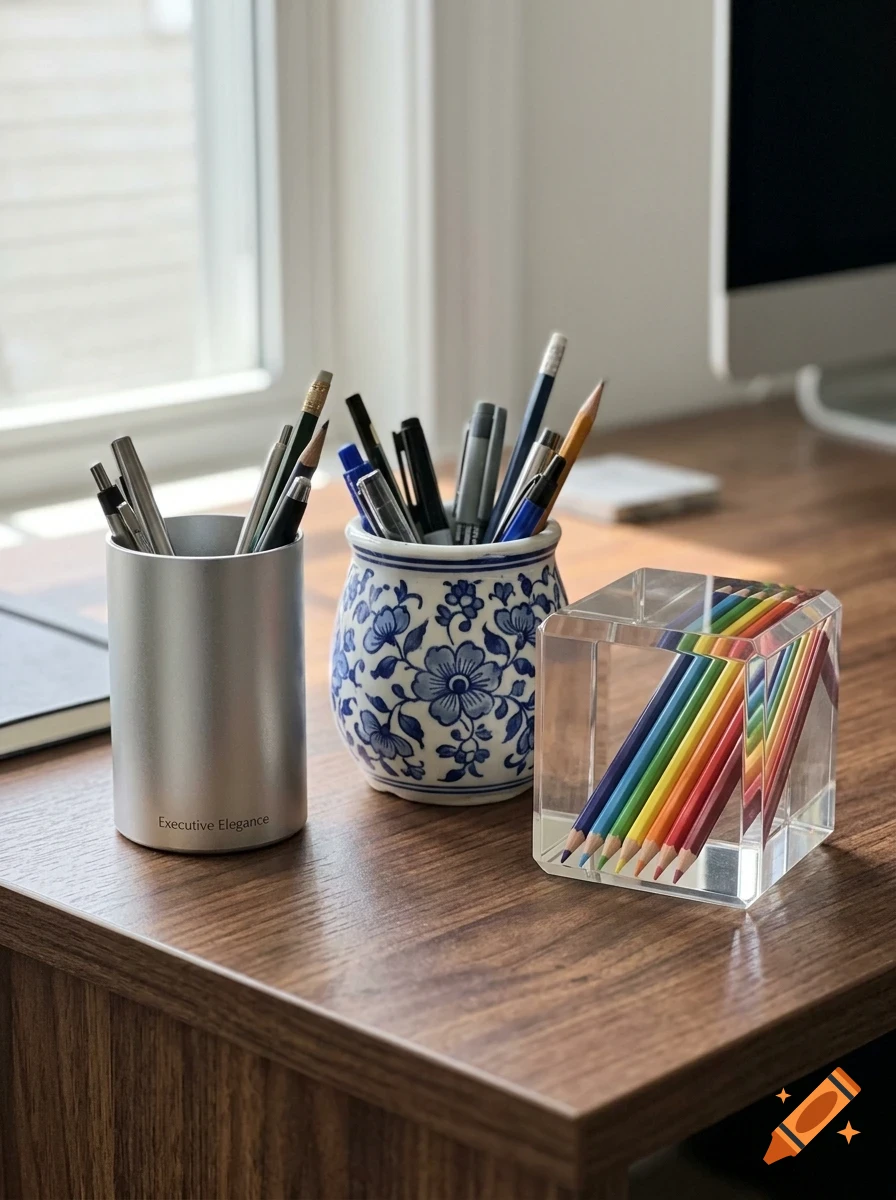 A wooden desk holding three pen and pencil holders, including a metallic cylinder, a blue-and-white patterned ceramic pot, and a clear acrylic cube containing rainbow-colored pencils.