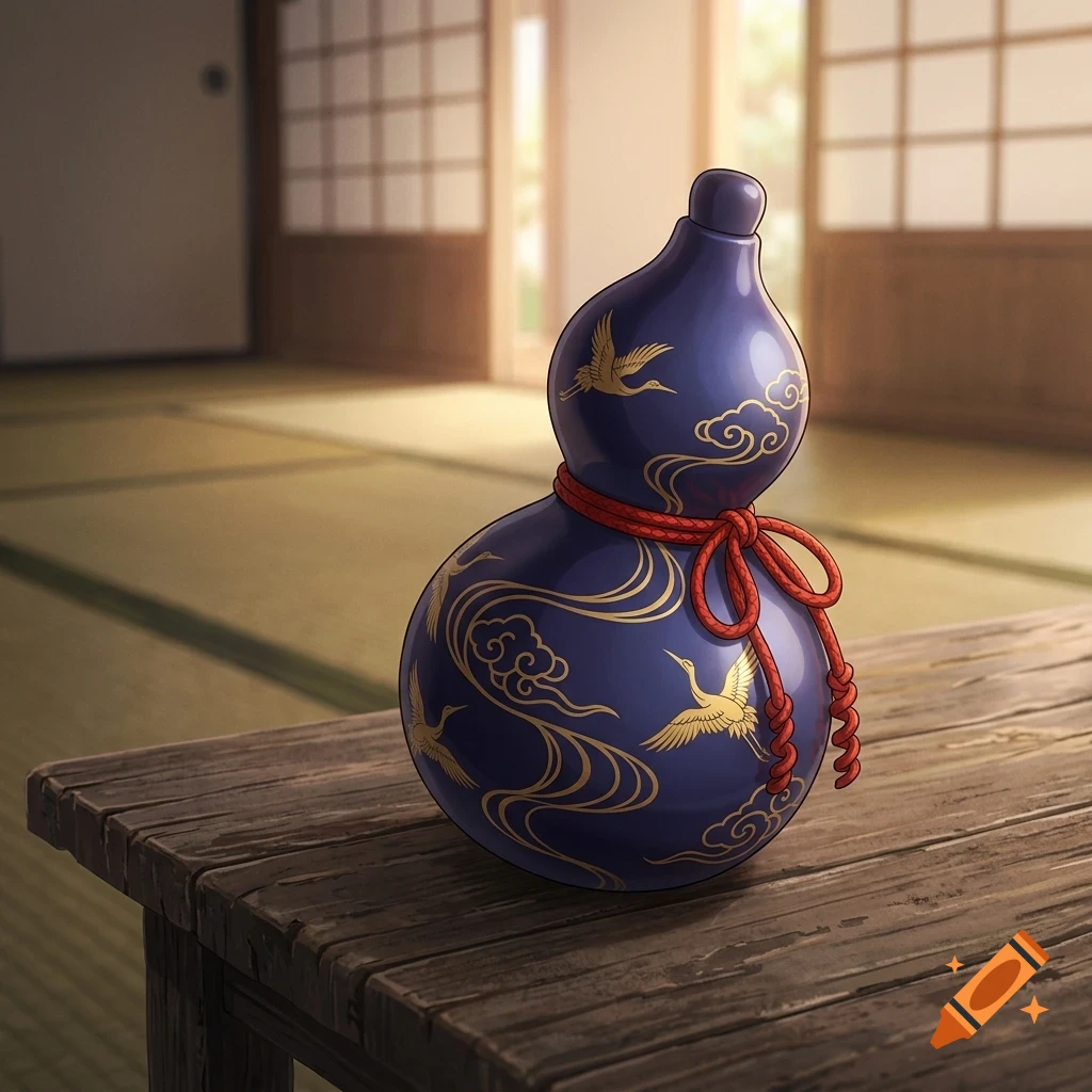 A blue gourd-shaped bottle decorated with gold crane and cloud motifs, tied with a red rope, sits on a wooden table inside a traditional Japanese room.