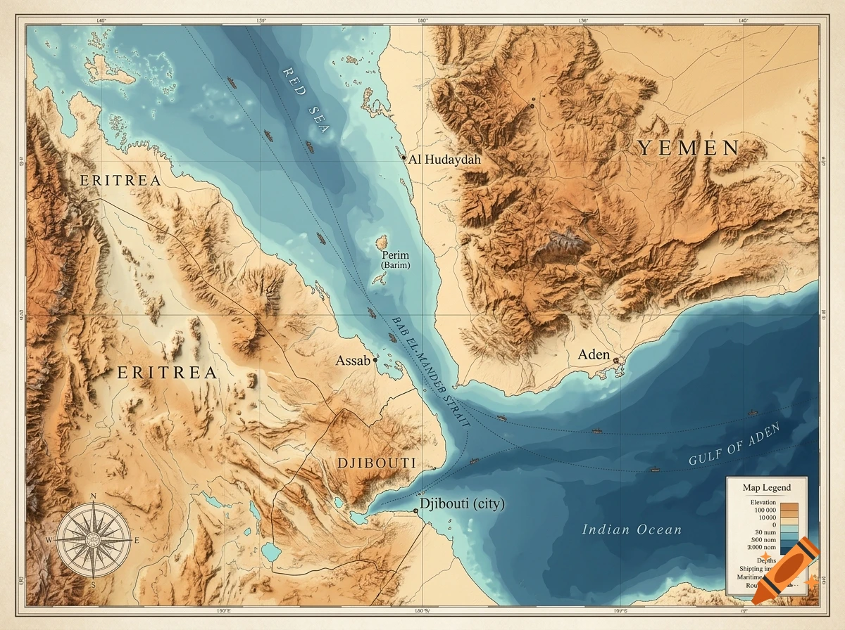 Detailed vintage-style map of the Bab el-Mandeb strait, showing Eritrea, Yemen, Djibouti, and surrounding waters.