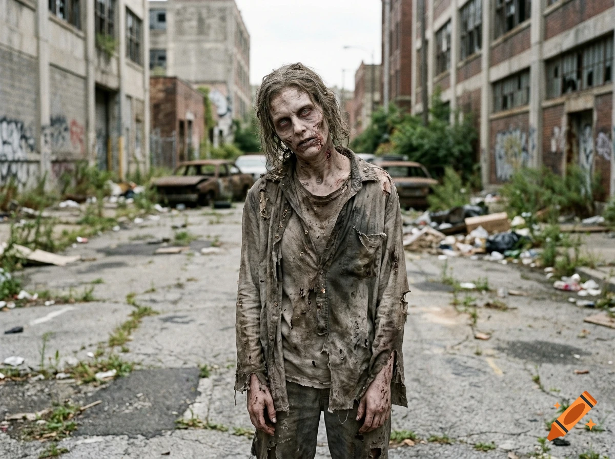 Photorealistic zombie standing in an abandoned, debris-filled alleyway between industrial buildings.