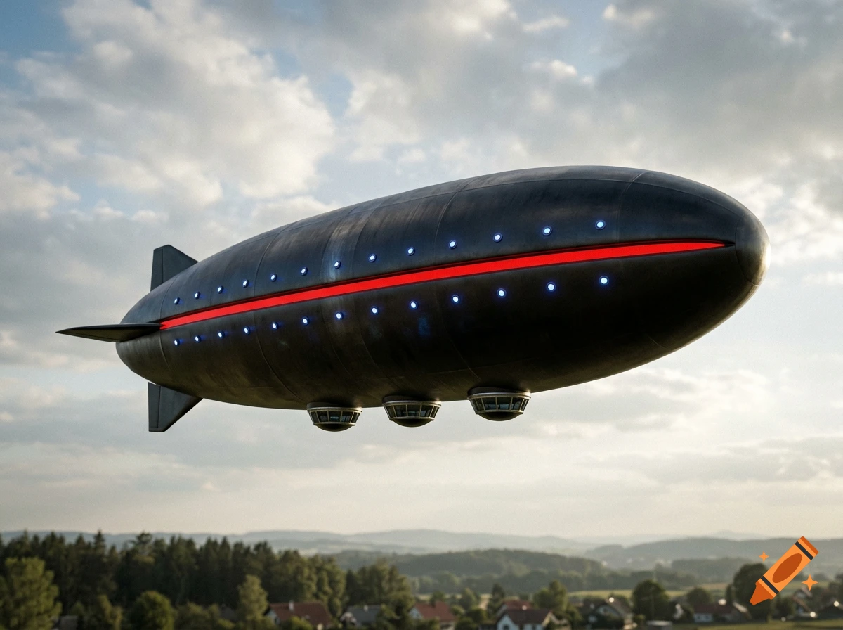 A photorealistic black zeppelin-shaped UFO with a red stripe and blue lights flying over a rural landscape.