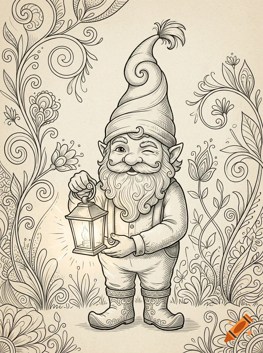 Detailed ink drawing of a garden gnome wearing a tall hat and boots, holding a glowing lantern amidst ornate floral and leafy patterns.
