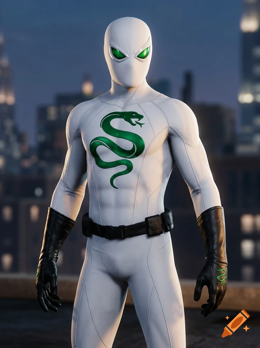 A full body shot of a superhero in a white suit with green eyes, a green snake emblem on the chest, a utility belt, and black gloves against a blurred city skyline at dusk.