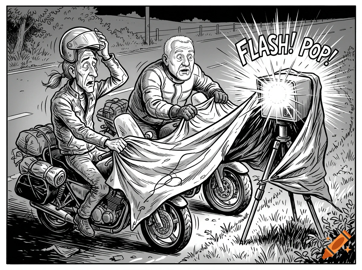 Black and white comic style illustration of two startled men on a motorcycle trying to cover a mobile speed camera that flashes.