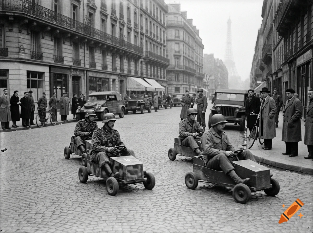 Black and white photo of WWII German and American soldiers racing go-karts through Paris.