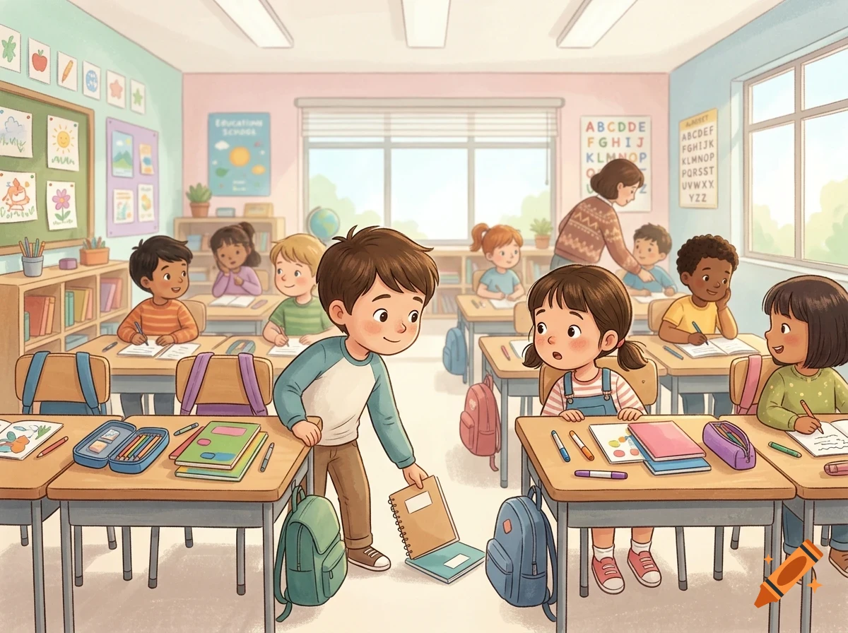 An illustrated classroom scene with children sitting at desks, a teacher helping a student, and a boy picking up a dropped notebook.