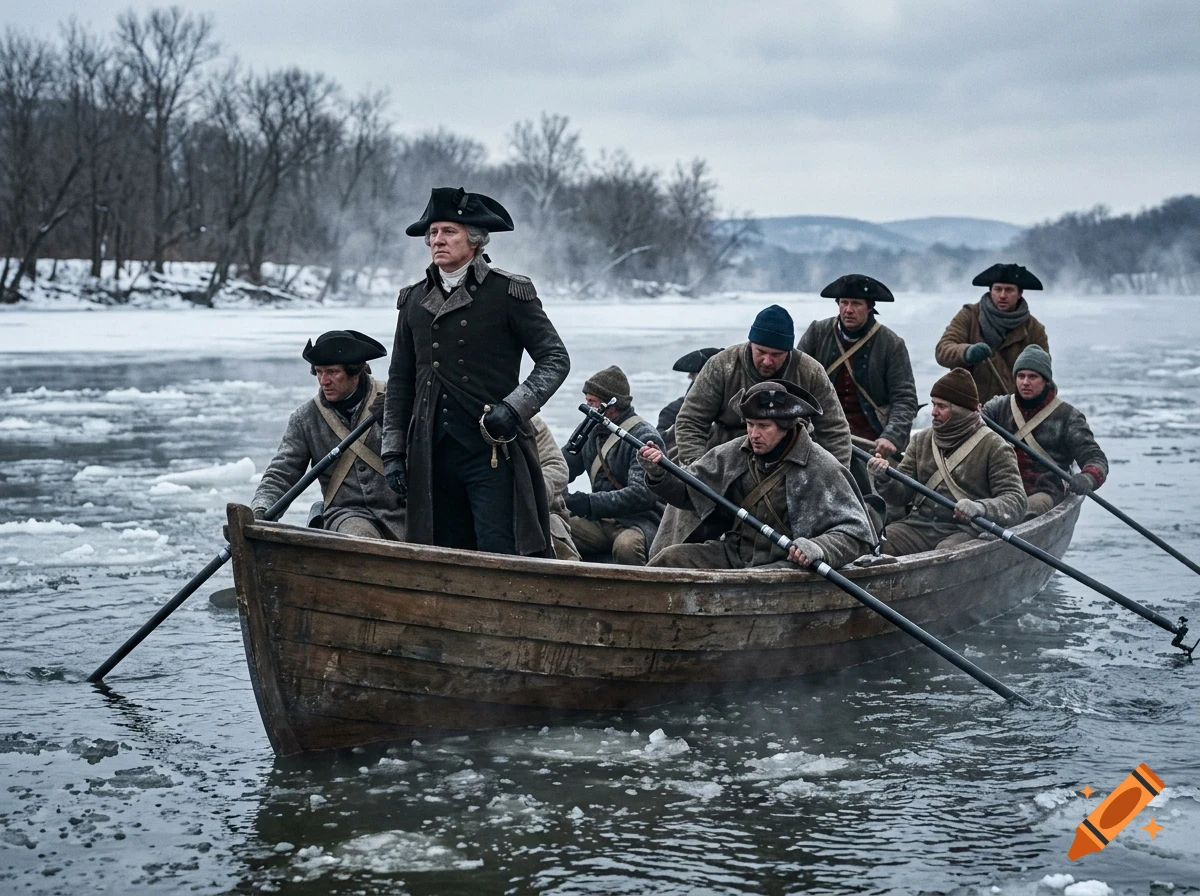 A group of men in historical military attire rowing a wooden boat across an icy river in winter.