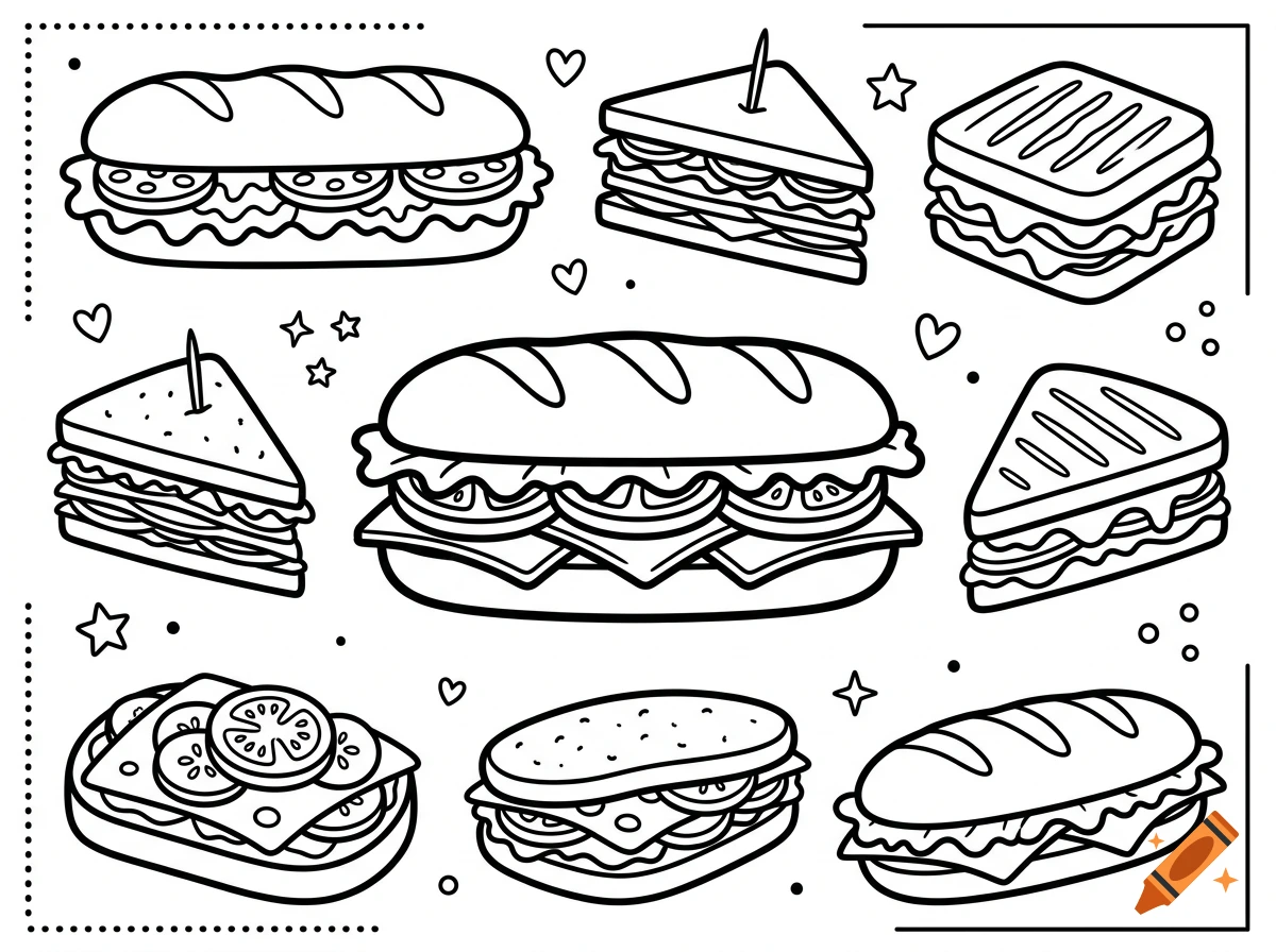 Black and white outline coloring page featuring a collage of various sandwiches, including baguettes and paninis.
