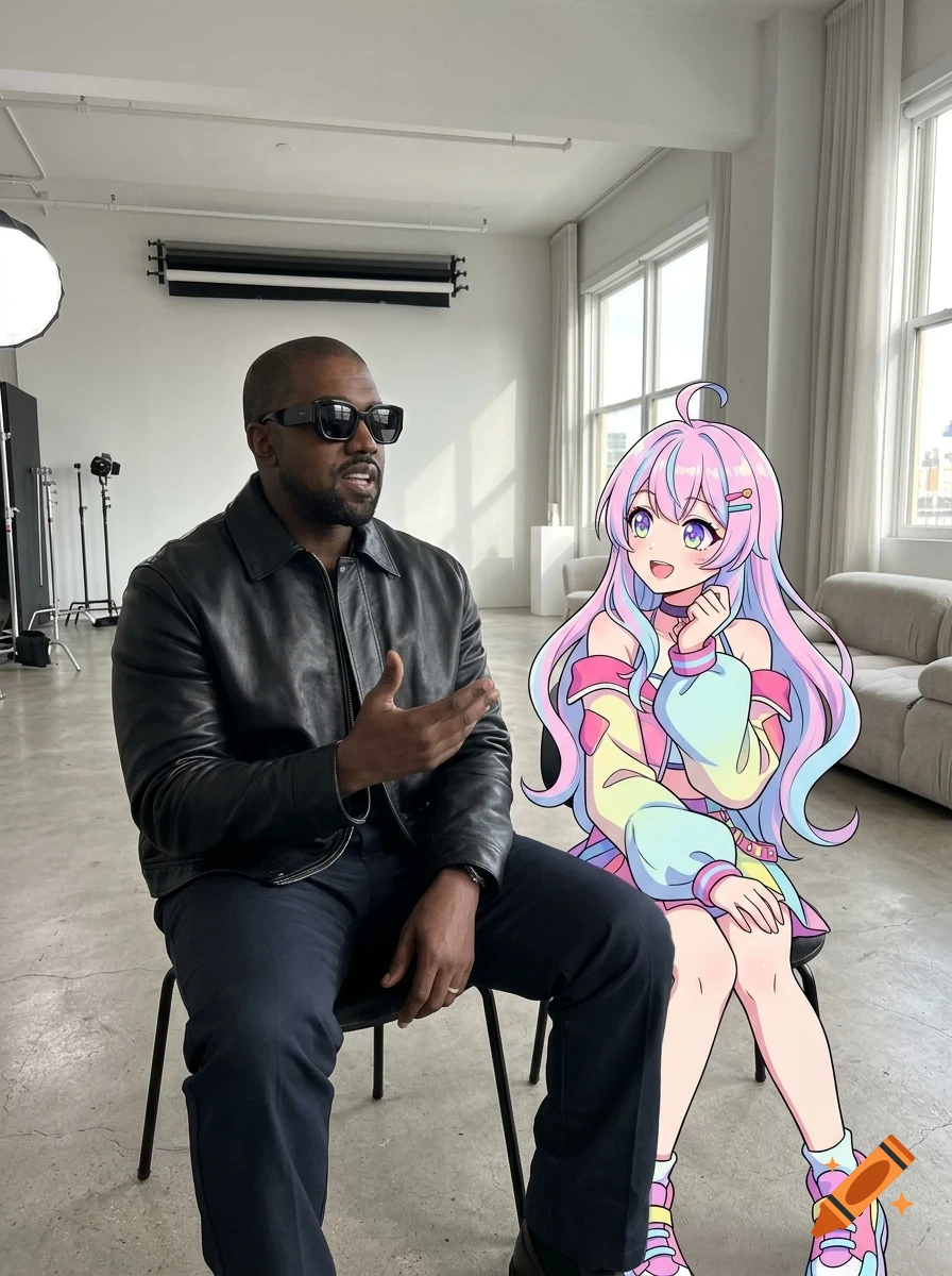 A man wearing a black leather jacket and sunglasses sits on a chair in a studio next to a superimposed animated anime character.